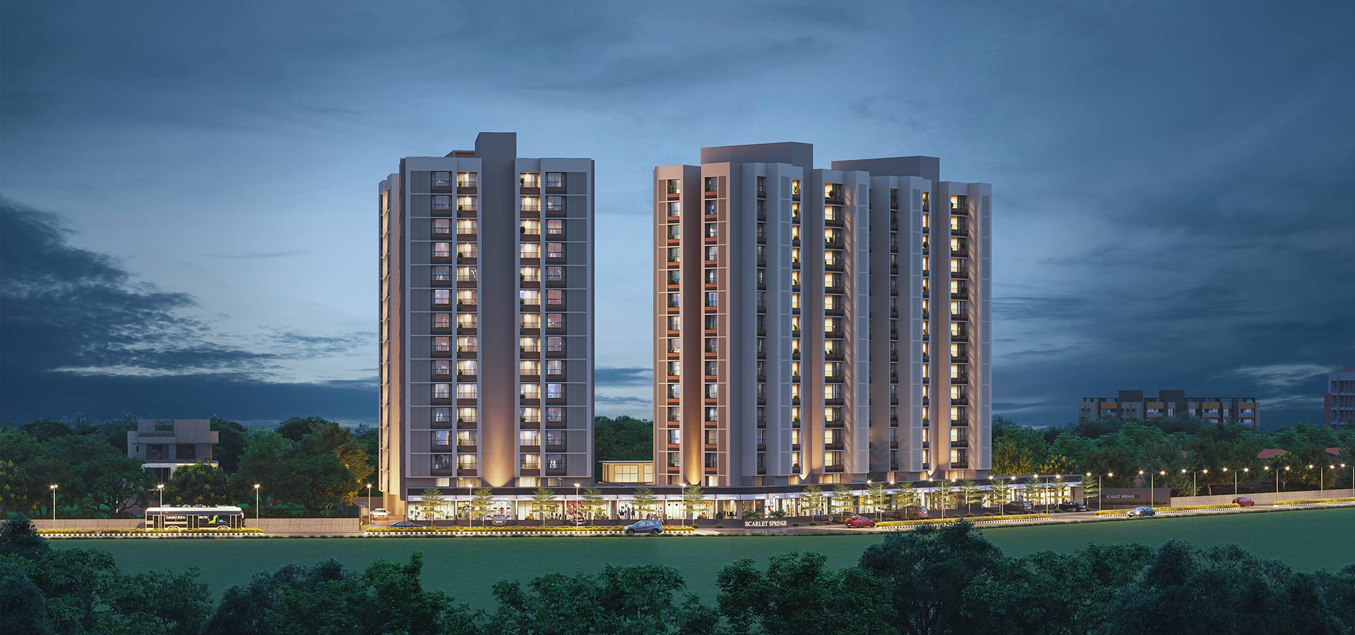 Modern residential architecture with minimalist brick facade and contemporary balcony design at dusk.